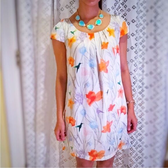 H&M Women's Satin Shift Dress Floral Hummingbird Print Size 4 Lined - Picture 2 of 11